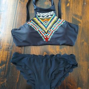 Black high neck tribal print bikini
